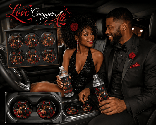 Custom car coasters with anniversary design by MK Eye Catching Eventful Creations, featuring a decorative photo and personalized details.