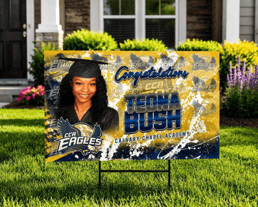 Custom graduation yard sign by MK Eye Catching Eventful Creations with bold lettering and celebratory design.