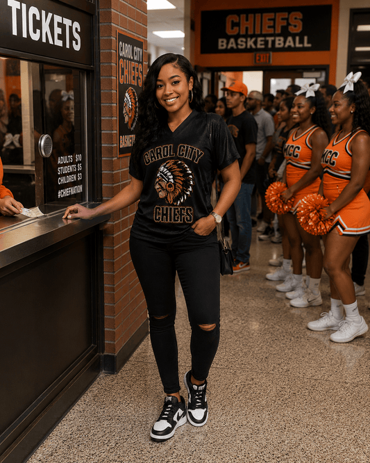 Personalized glitter jersey with school mascot for Carol City High School by MK Eye Catching Eventful Creations LLC.