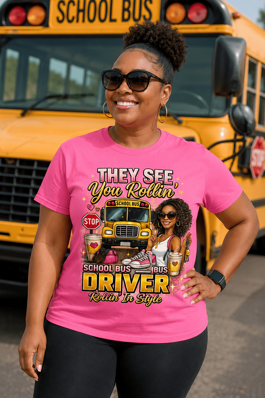 MK EYE CATCHING EVENTFUL CREATIONS LLC They See Me Rollin' T-Shirt featuring a school bus driver transportation graphic on a casual tee.