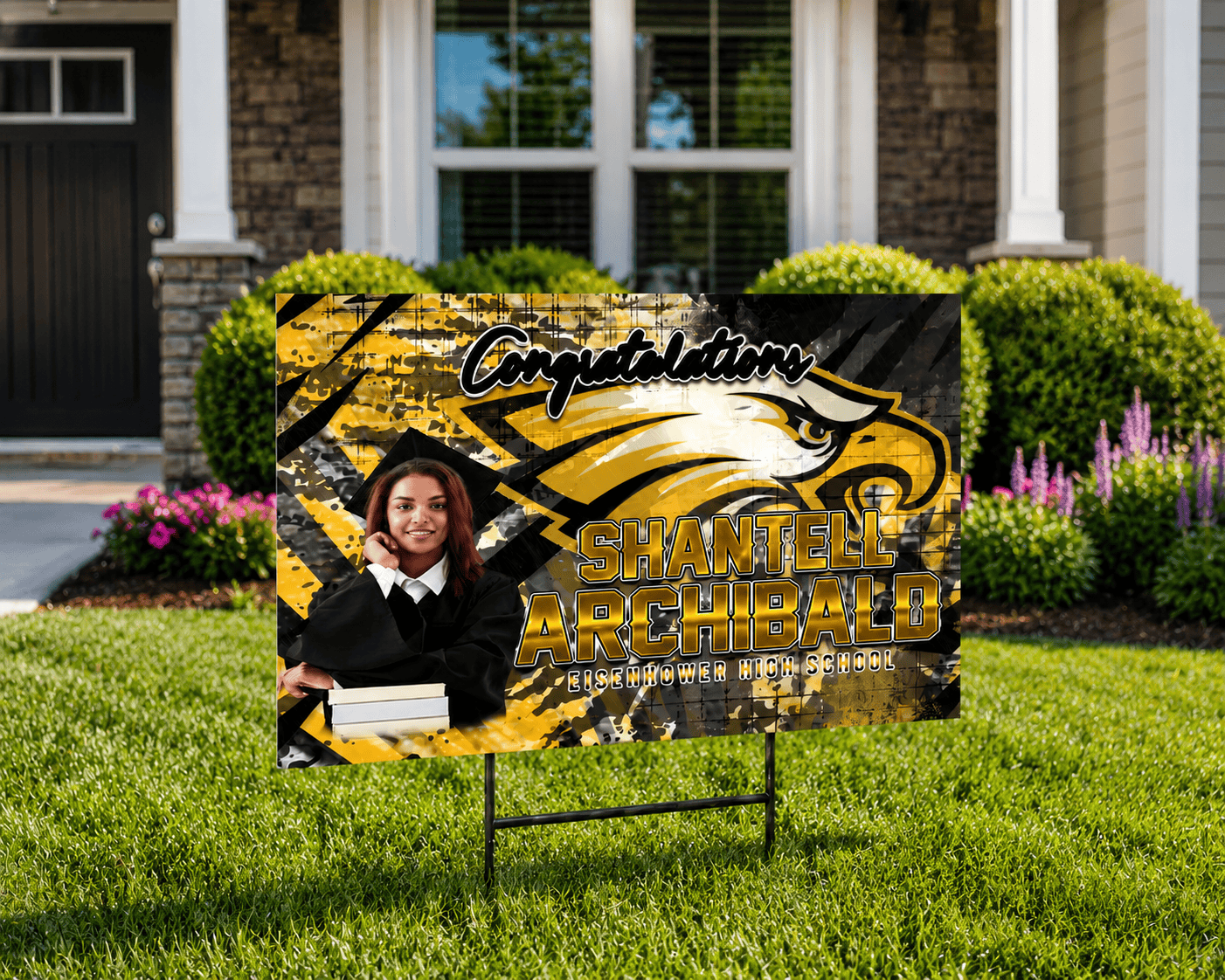 Graduation yard sign by MK Eye Catching Eventful Creations featuring a colorful senior design for celebrating graduates.