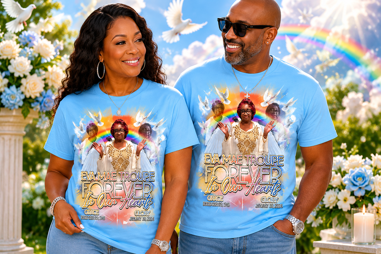 Personalized memorial shirt honoring Eva Mae Troupe featuring custom photo collage, angel wings, heavenly clouds, doves, remembrance dates, and custom memorial apparel displayed on male and female models