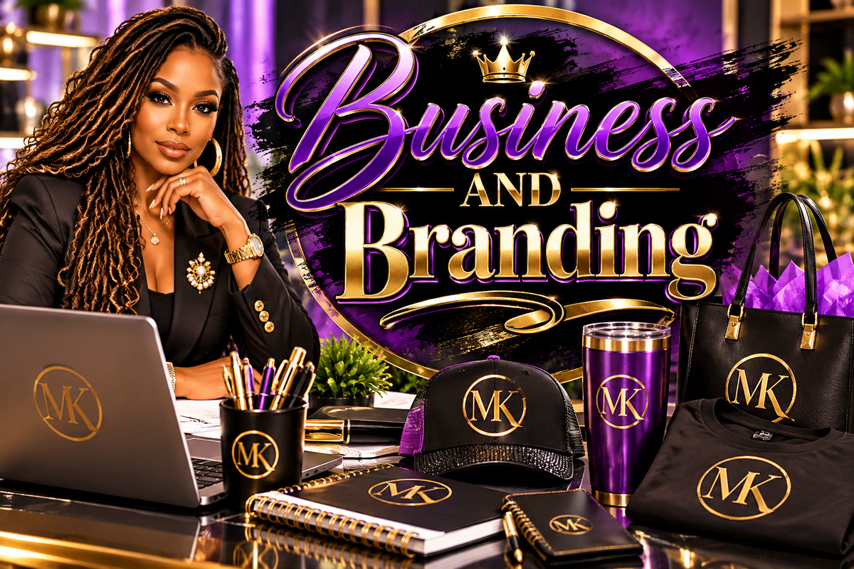 Business and Branding collection cover in purple black and gold featuring branded merchandise