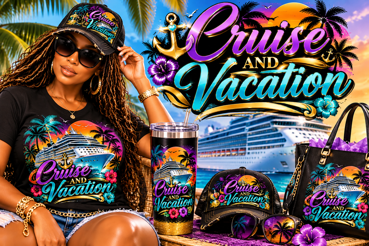 Cruise and Vacation collection cover featuring matching cruise shirt, hat, tumbler and tote