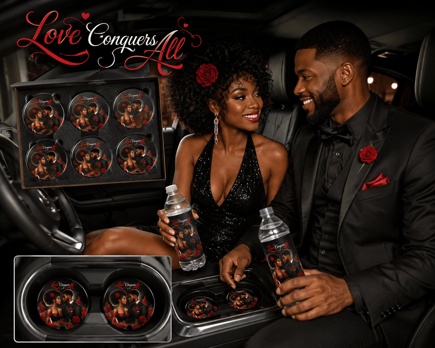 Custom car coasters with anniversary design by MK Eye Catching Eventful Creations, featuring a decorative photo and personalized details.