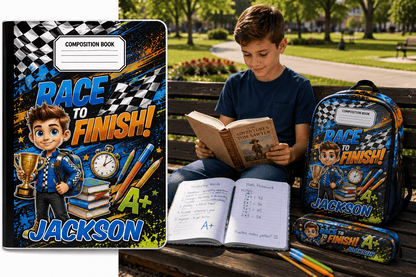 Personalized race-themed boys' composition book with custom cover design by MK Eye Catching Eventful Creations LLC, back-to-school.