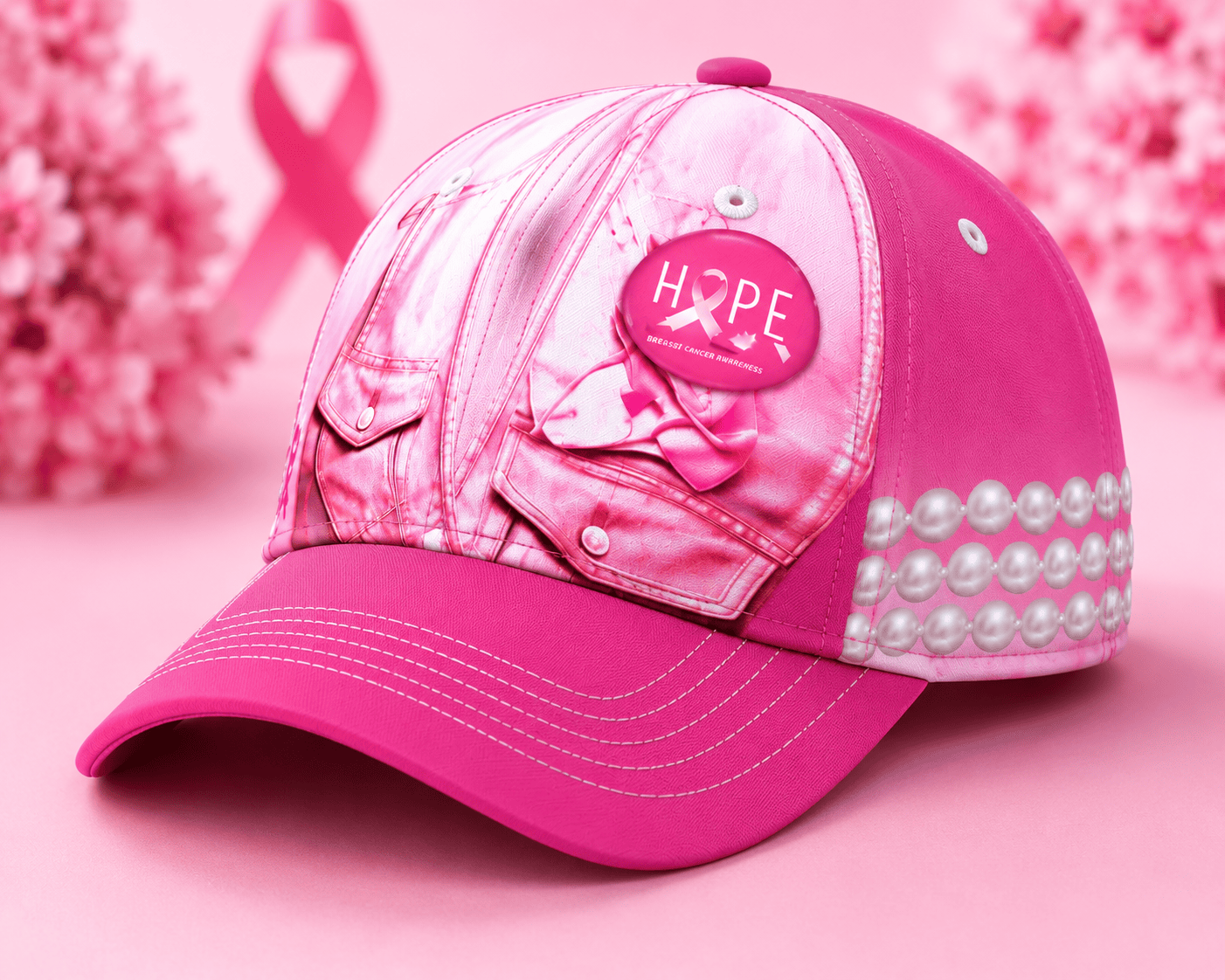 Black snapback hat by MK Eye Catching Eventful Creations LLC featuring pink ribbon breast cancer awareness design.