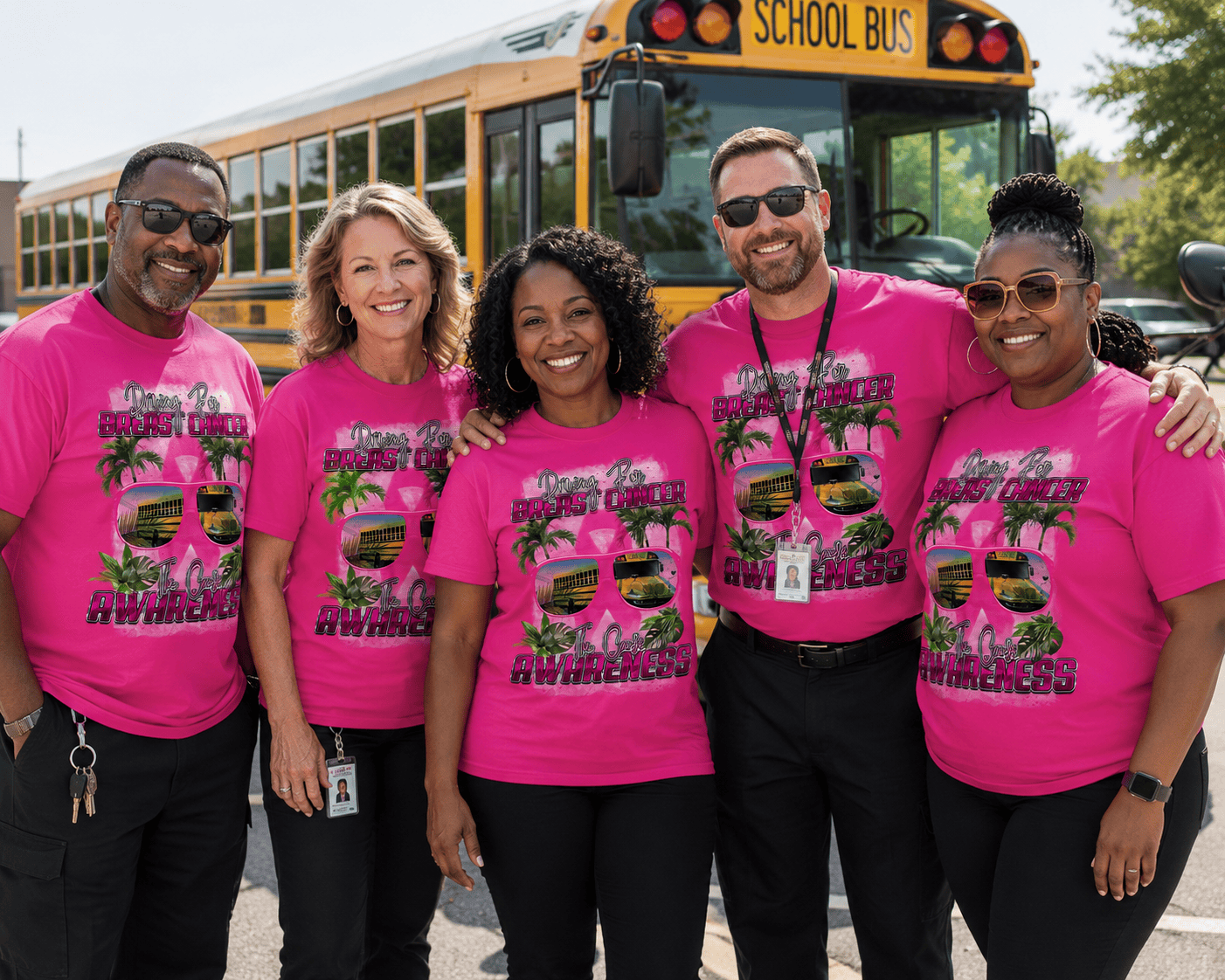 Custom centerprint graphic T-shirt by MK Eye Catching Eventful Creations with breast cancer awareness and school bus driver design.