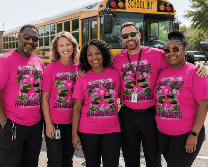 Custom centerprint graphic T-shirt by MK Eye Catching Eventful Creations with breast cancer awareness and school bus driver design.