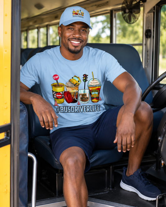 Graphic of a school bus and driver on a T-shirt by MK Eye Catching Eventful Creations LLC, celebrating bus driver life.