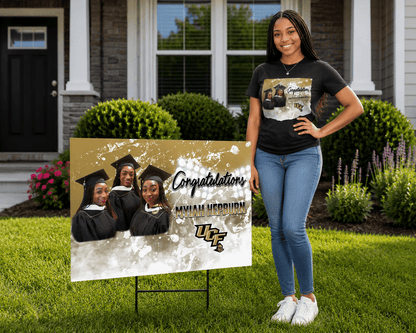 College graduate yard sign by MK Eye Catching Eventful Creations, featuring vibrant colors and celebratory design for graduation celebrations.