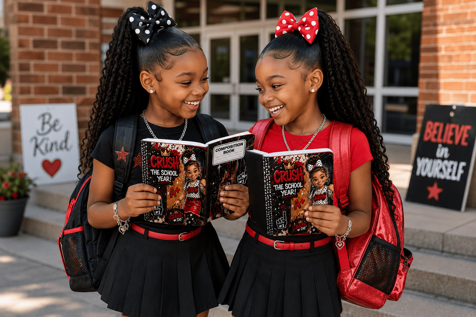 Smiling twins with cheerful school notebooks