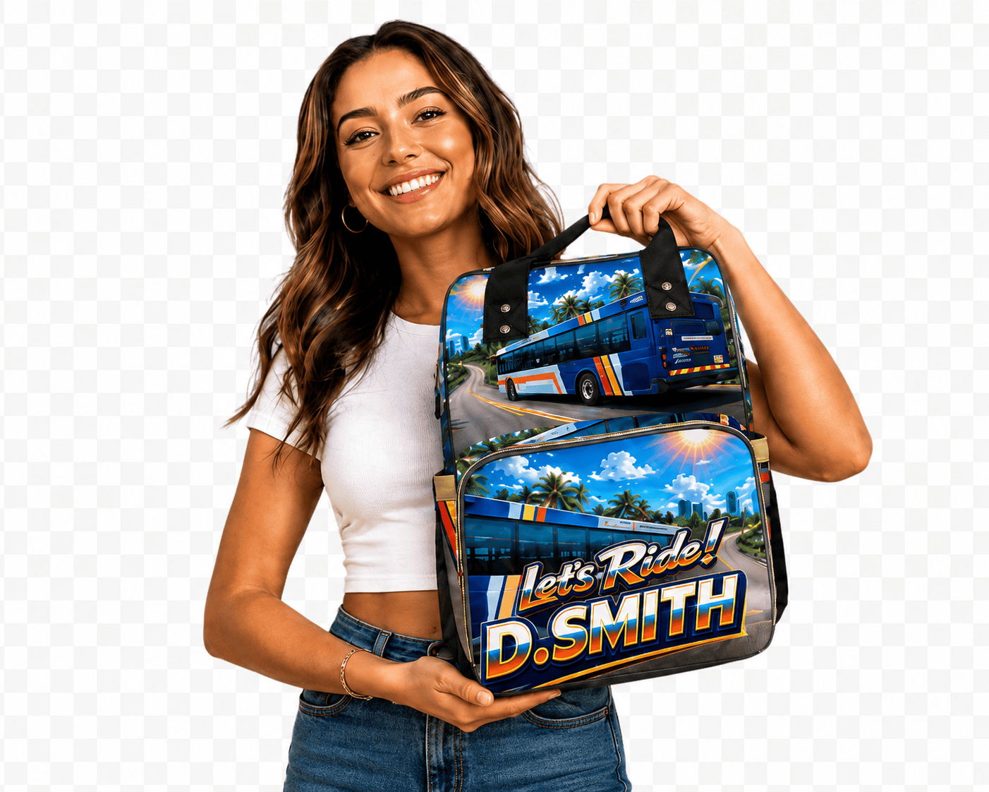 Personalized MK Eye Catching Eventful Creations multifunctional backpack with custom photo design and multiple compartments.