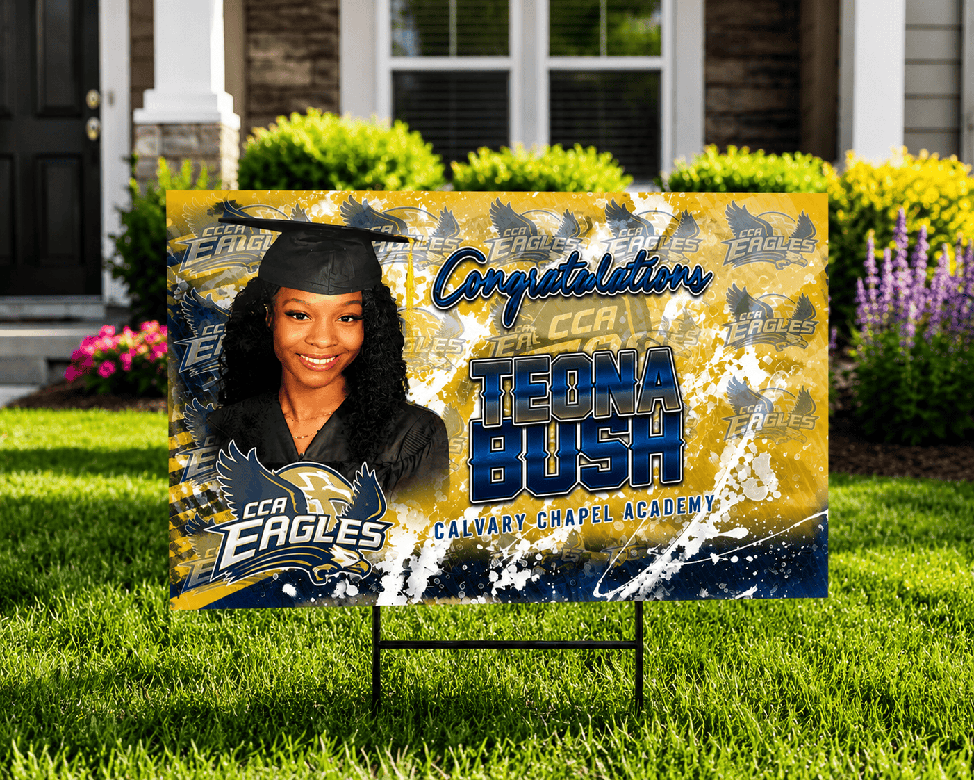 Custom graduation yard sign by MK Eye Catching Eventful Creations with bold lettering and celebratory design.