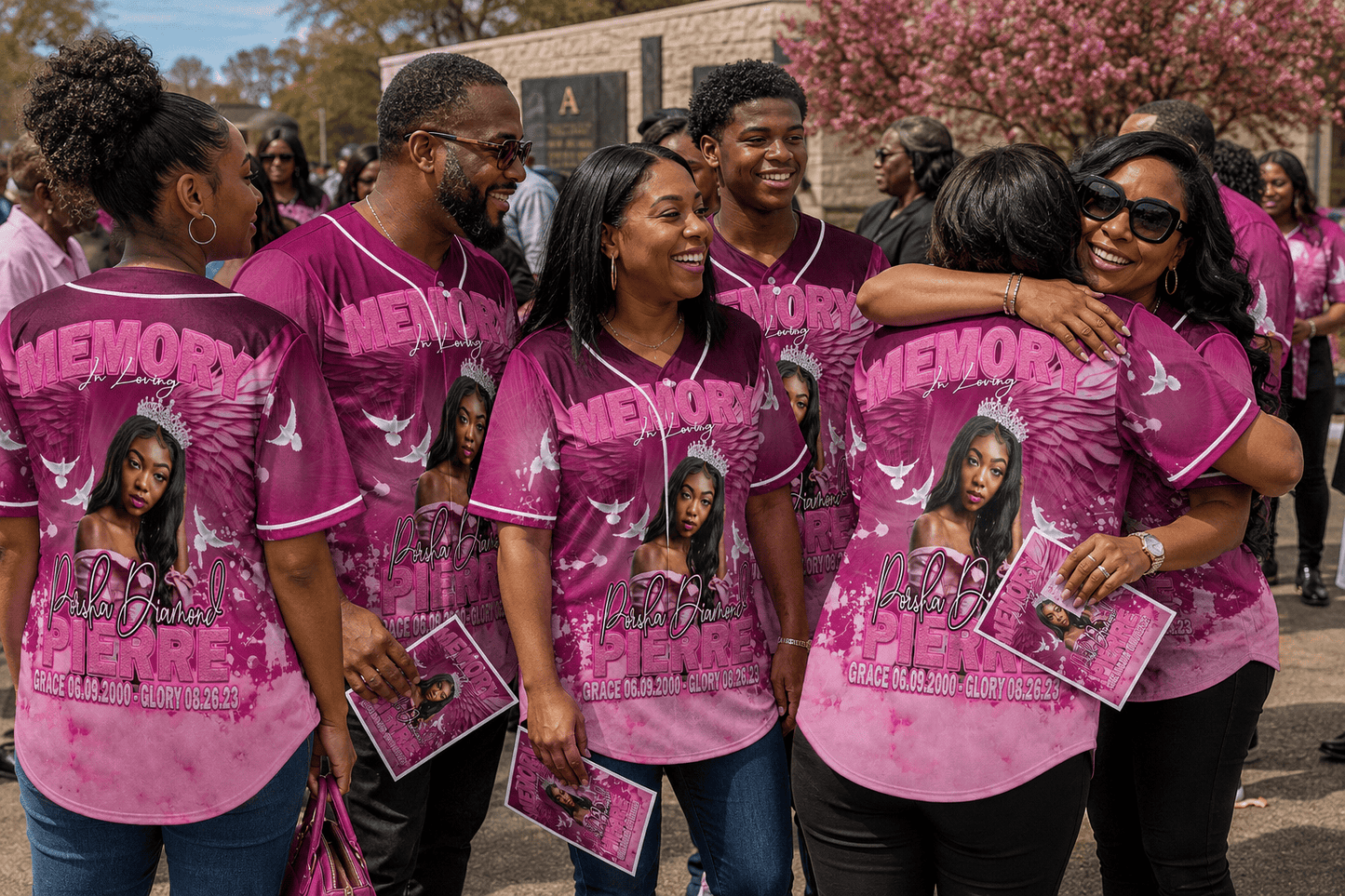 Group of people wearing pink 'Memorial" Jerseys with a woman's photo on them, standing outdoors.