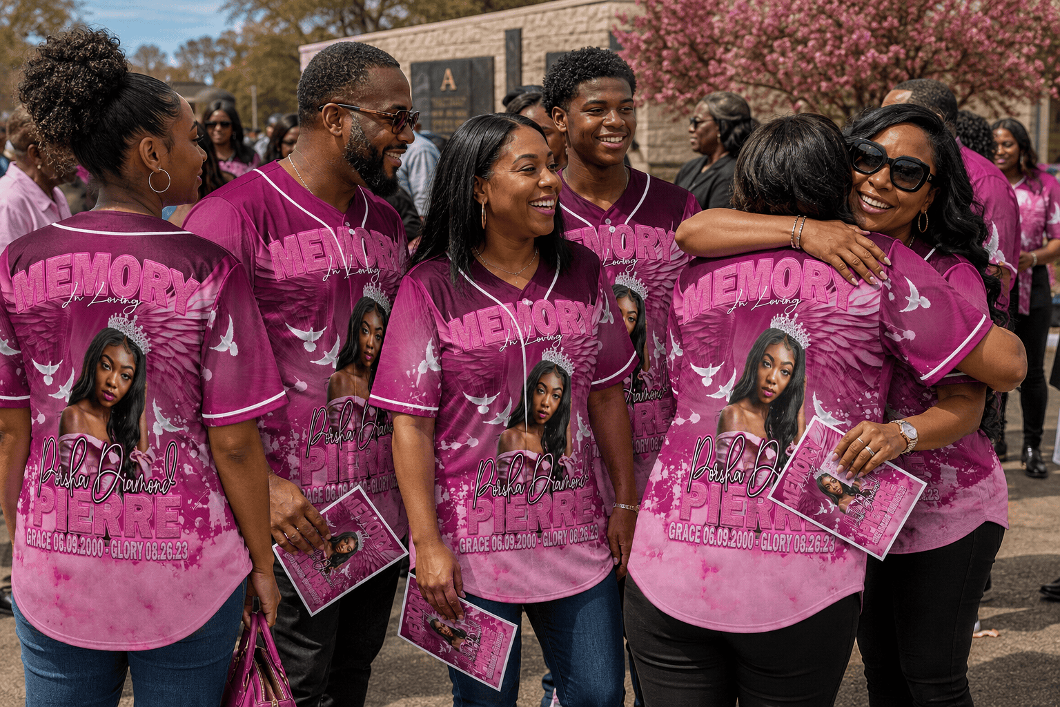 Group of people wearing pink 'Memorial" Jerseys with a woman's photo on them, standing outdoors.