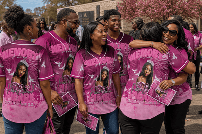 Group of people wearing pink 'Memorial" Jerseys with a woman's photo on them, standing outdoors.