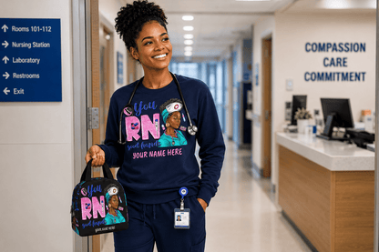 Personalized nurse lunch bag by MK Eye Catching Eventful Creations LLC, featuring custom embroidery and vibrant design.
