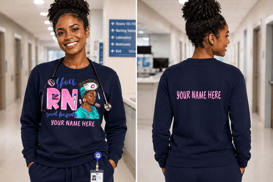 Nurse wearing a navy blue sweatshirt with personalized design and text in a hospital setting