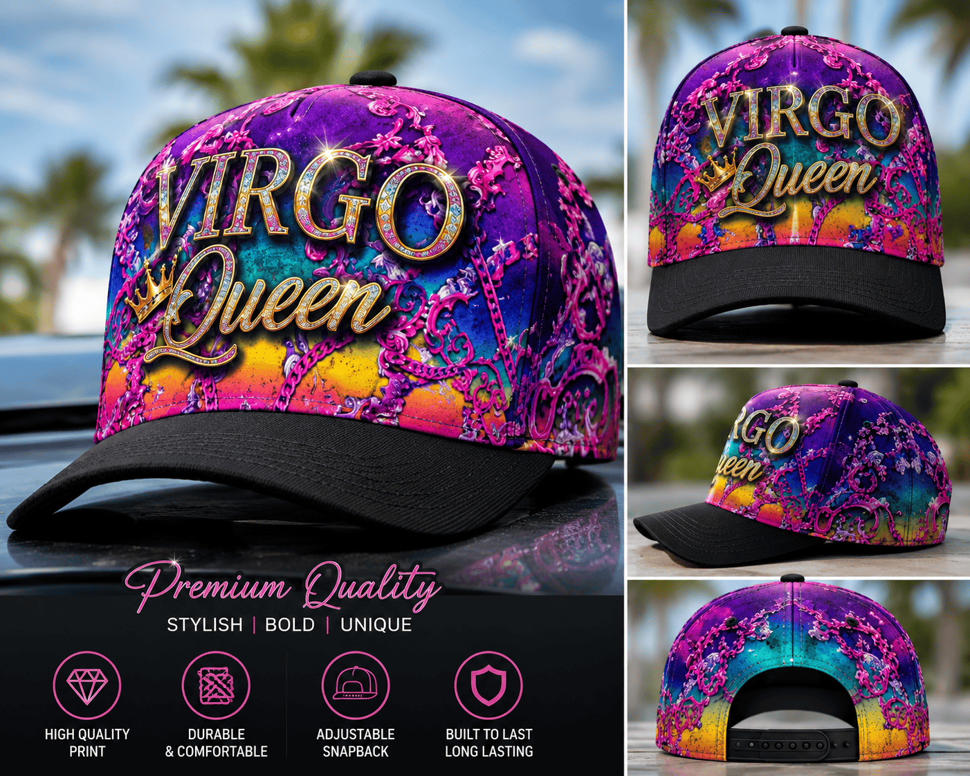 Custom zodiac snapback hat by MK Eye Catching Eventful Creations LLC featuring a stylish embroidered zodiac design.