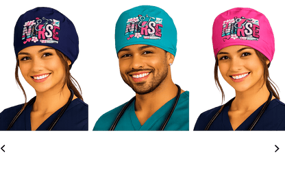 Nurse scrub cap hat by MK Eye Catching Eventful Creations LLC, featuring a colorful and comfortable design for medical professionals.