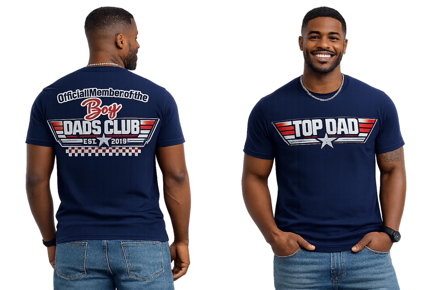 Man wearing a navy blue t-shirt with 'Top Dad' design on the front and 'Boy Dads Club' design on the back.