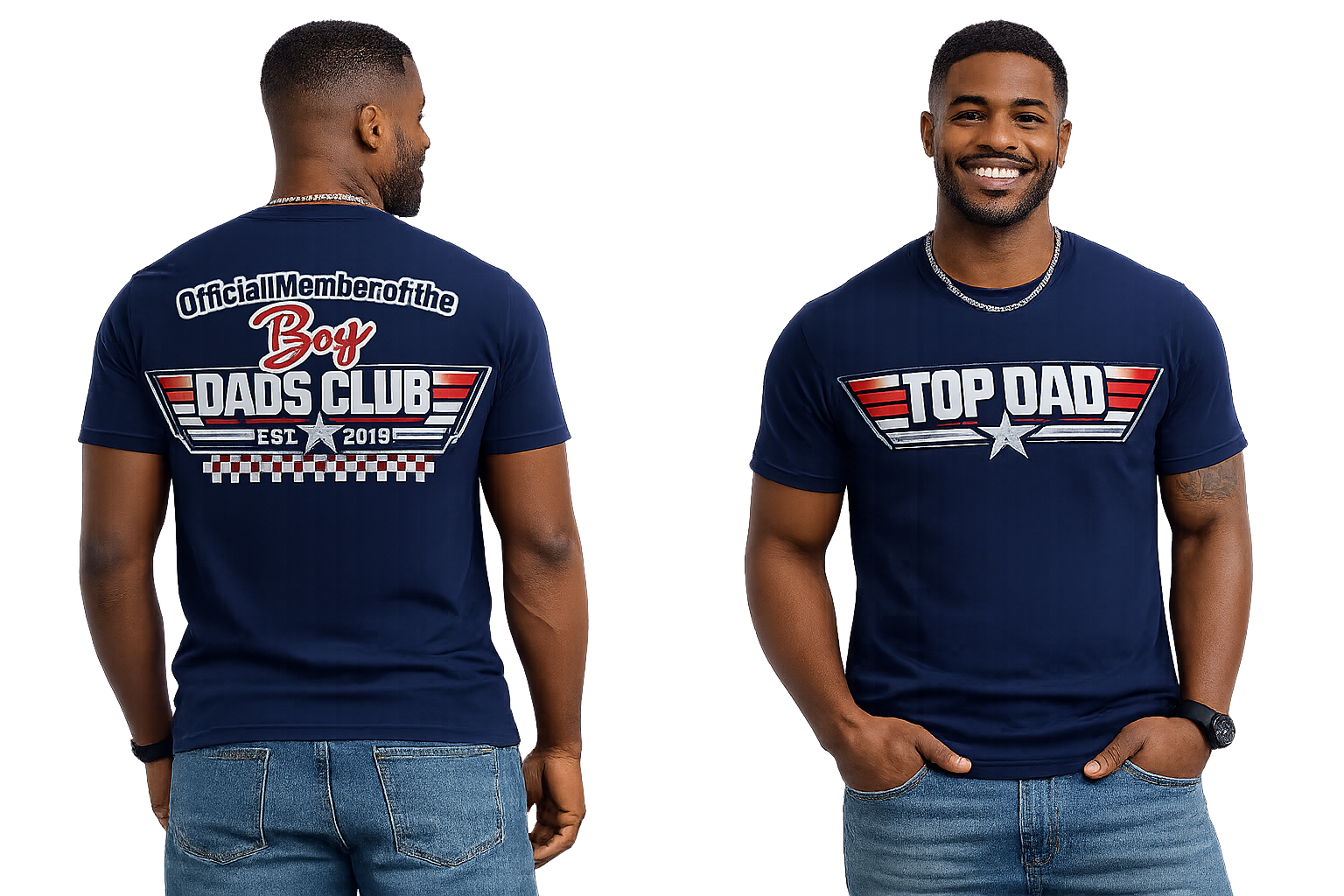 Man wearing a navy blue t-shirt with 'Top Dad' design on the front and 'Boy Dads Club' design on the back.