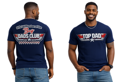 Man wearing a navy blue t-shirt with 'Top Dad' design on the front and 'Boy Dads Club' design on the back.