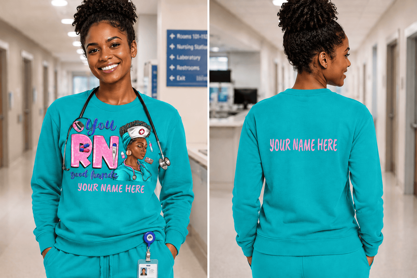 Person wearing a teal 'RN' sweatshirt with personalized text on the back in a hospital setting.