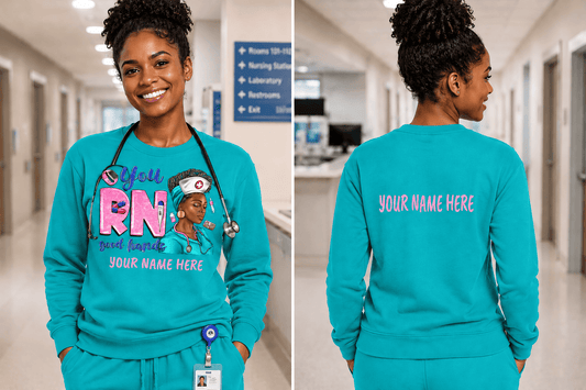 Person wearing a teal 'RN' sweatshirt with personalized text on the back in a hospital setting.