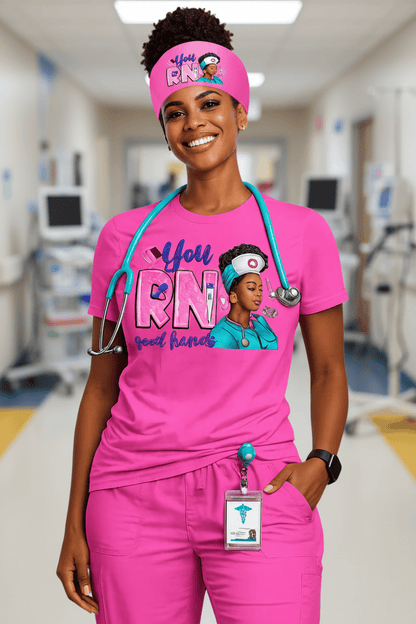 Person wearing pink medical scrubs with 'You RN' text and a stethoscope.