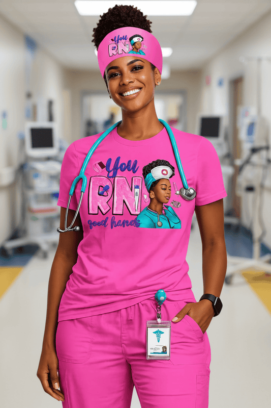 Person wearing pink medical scrubs with 'You RN' text and a stethoscope.