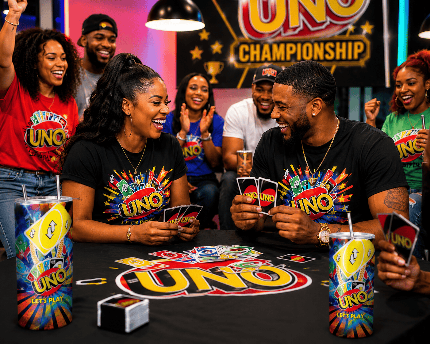 Personalized Game Night tumbler featuring colorful card game graphics and vibrant party-themed artwork, 20 oz stainless steel skinny tumbler for family game nights and tournaments.