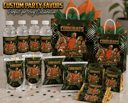 Graduation-themed custom party favors pack with colorful decorations and small keepsakes for celebration by MK Eye Catching Eventful Creations LLC.