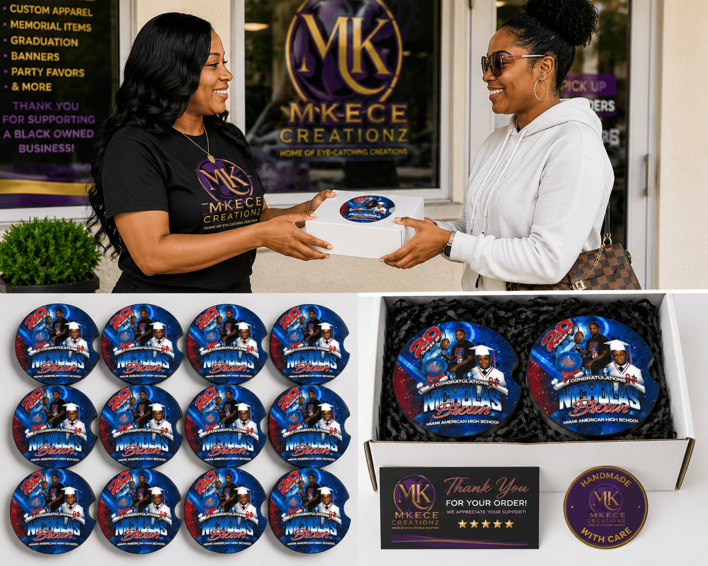 Personalized graduation-themed car coasters by MK Eye Catching Eventful Creations featuring custom design and text for special celebrations.