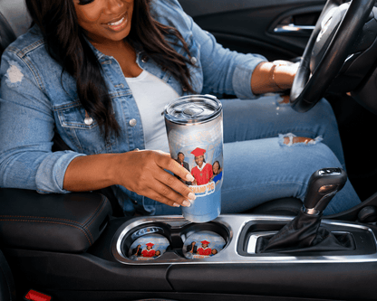 Custom graduation photo car coasters by MK Eye Catching Eventful Creations, featuring personalized graduation image on round drink coasters.