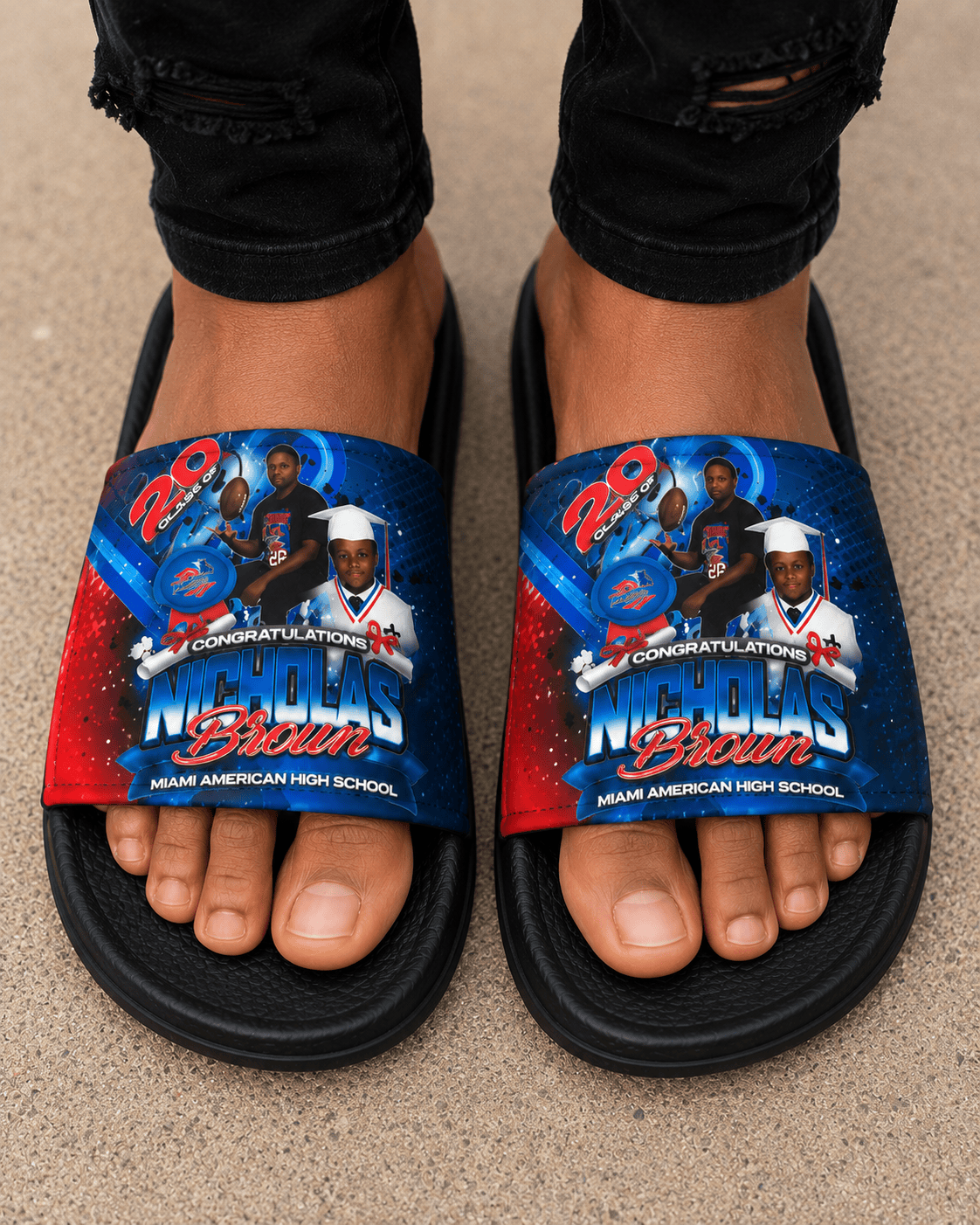 Custom photo slide sandal by MK Eye Catching Eventful Creations featuring personalized graduation design on the straps.