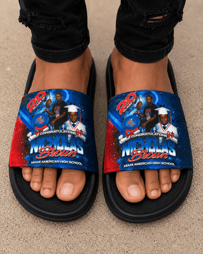 Custom photo slide sandal by MK Eye Catching Eventful Creations featuring personalized graduation design on the straps.