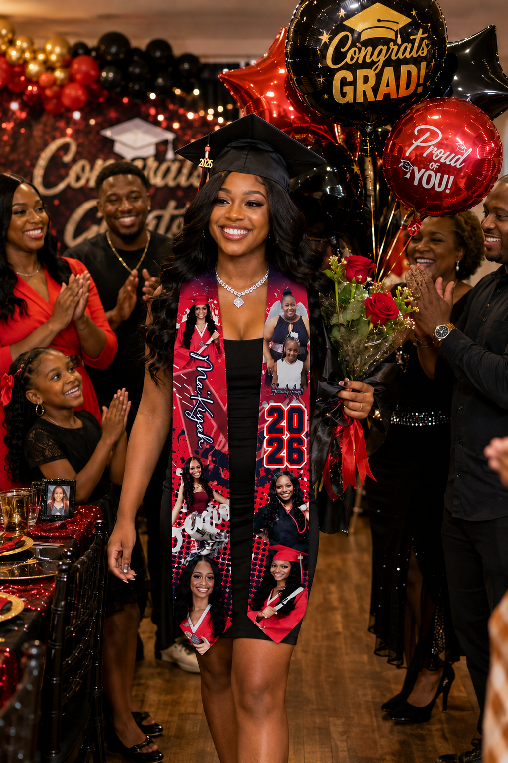 Graduating student with classmates and balloons in a celebratory setting