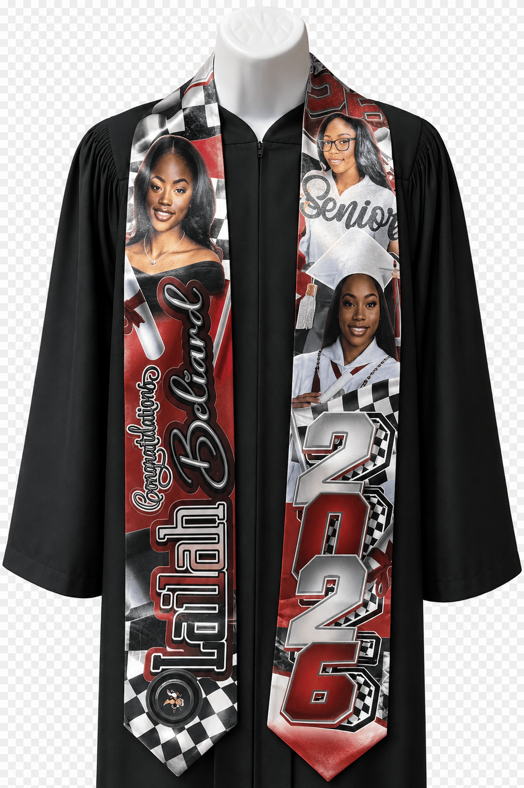 Custom graduation stole with senior photo and school colors from MK Eye Catching Eventful Creations, featuring embroidered design.
