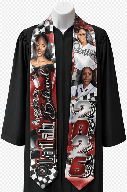 Custom graduation stole with senior photo and school colors from MK Eye Catching Eventful Creations, featuring embroidered design.