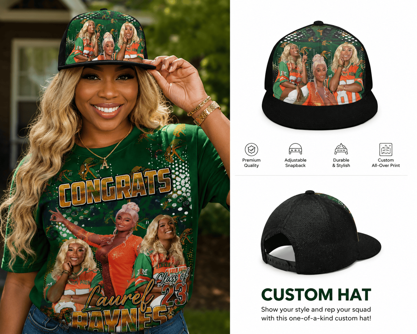 Black snapback hat with custom "Grad" embroidery by MK Eye Catching Eventful Creations LLC, featuring a flat brim and adjustable snapback closure.