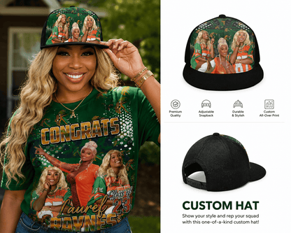 Black snapback hat with custom "Grad" embroidery by MK Eye Catching Eventful Creations LLC, featuring a flat brim and adjustable snapback closure.