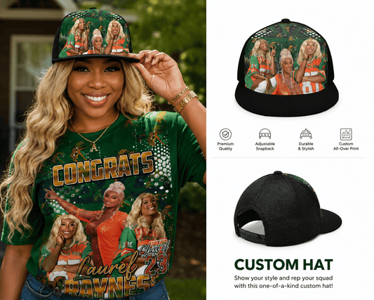 Black snapback hat with custom "Grad" embroidery by MK Eye Catching Eventful Creations LLC, featuring a flat brim and adjustable snapback closure.