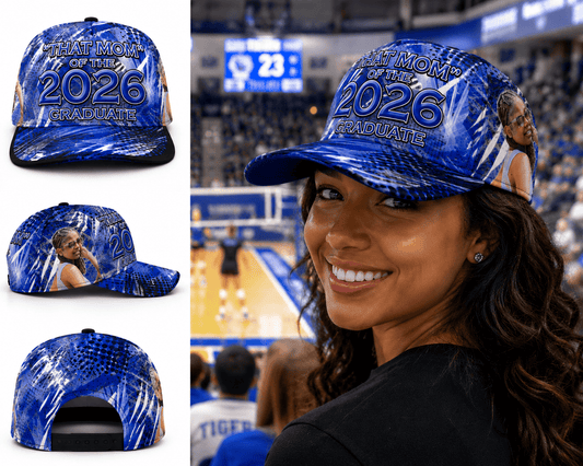 Black snapback hat with "Grad Mom" embroidery from MK Eye Catching Eventful Creations LLC for graduation celebrations