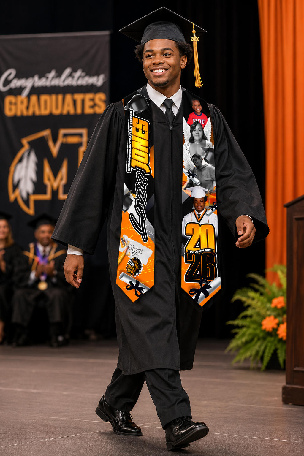 Graduate in cap and gown with a colorful stole walking on a stage.