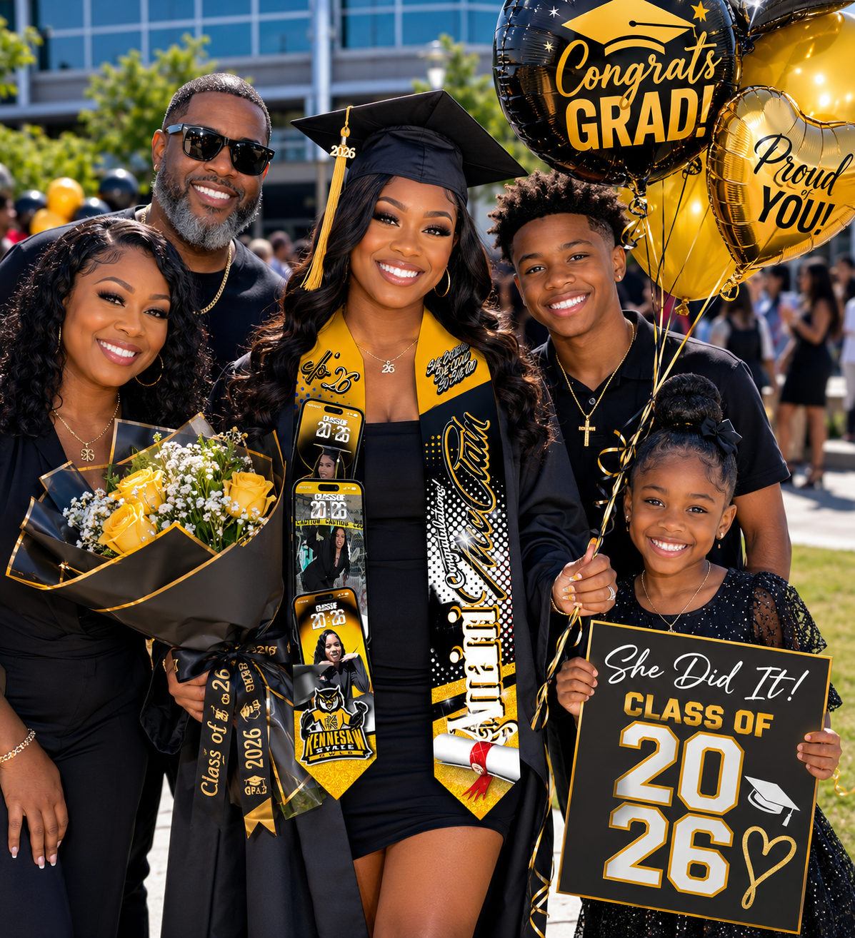 Graduating student with family holding balloons and signs in a celebratory setting.