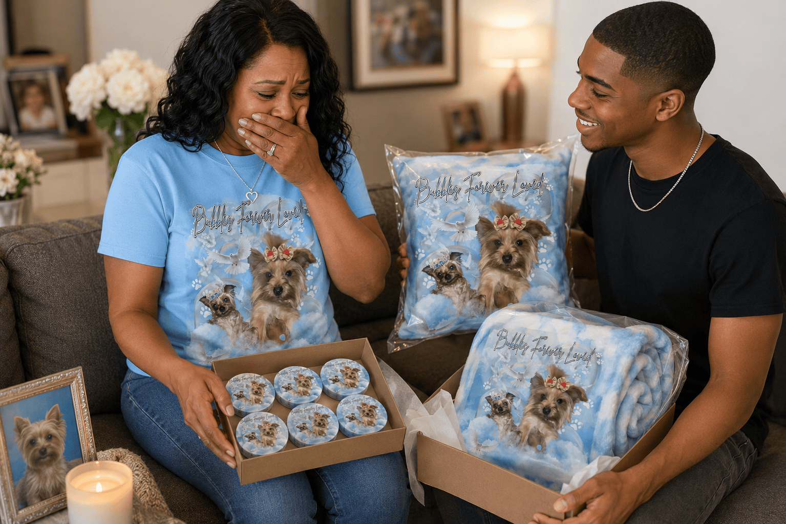 Custom car coaster set with memorial design, bundled with a memorial blanket and pillow by MK EYE CATCHING EVENTFUL CREATIONS.