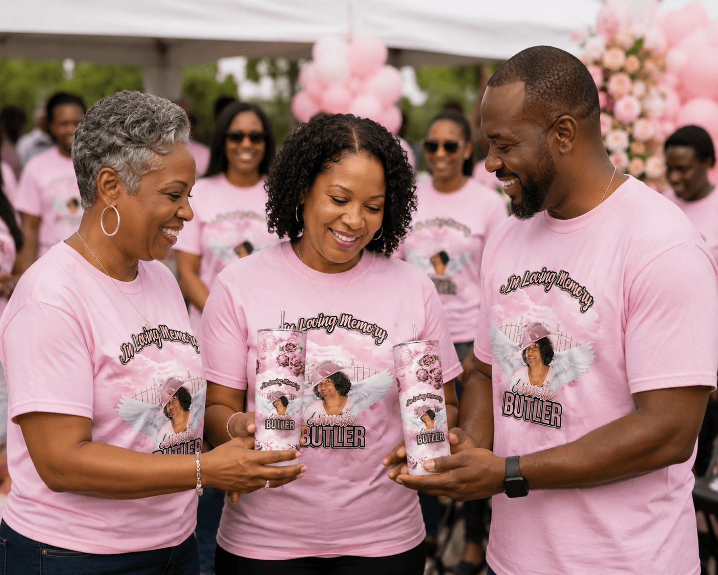 Custom memorial gift set featuring personalized photo tumbler and matching memorial shirts for funeral, homegoing celebration, remembrance ceremony, sympathy gifts, and family keepsakes.