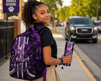 Personalized girls' backpack and matching tumbler set with purple butterfly design, custom name Chelsea in script font, back-to-school accessories for middle school students.